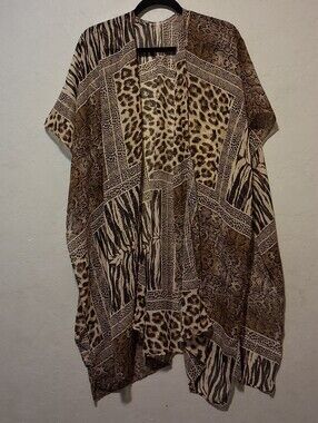 Alessia Open Front Kimono Women Animal Print Brown Sheer Swimsuit Poncho Summer